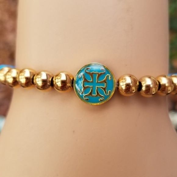 RUSTIC CUFF BLUE & GOLD STRETCH BEADED BRACELET - Picture 6 of 7